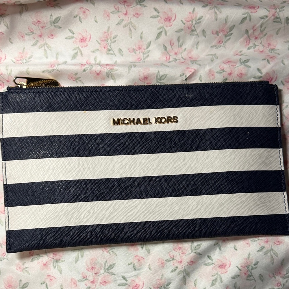 Michael Kors Navy and White Striped Zip Pouch with Gold Logo